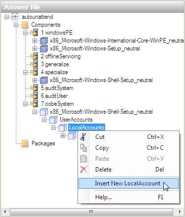 Na área "Arquivo de Resposta", clique com o botão direito do mouse em LocalAccounts > selecione Inserir Nova LocalAccounts.