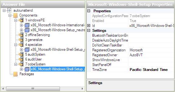 Selecione Microsoft-Windows-Shell-Setup na área "Arquivo de Resposta" abaixo de component 7 oobesystem.