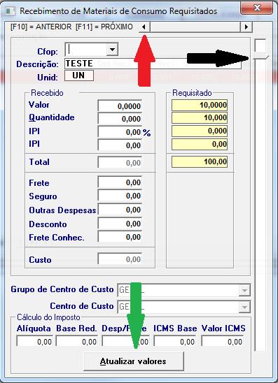 3.5.2. Nesta janela, os campos devem ser preenchidos de acordo com a nota fiscal recebida, prescionando a tela enter os campos automaticamente serão atualizados e calculados. 3.5.3. Funcionalidades: 3.