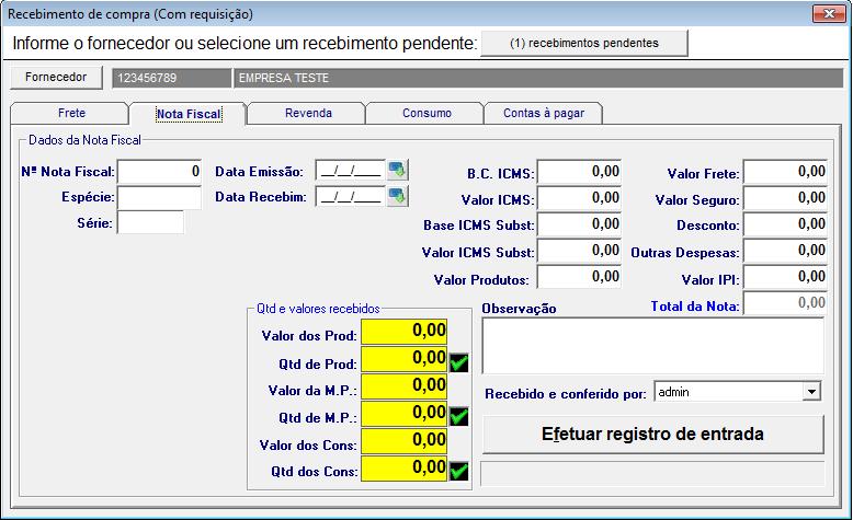 4.3.2. Os dados da nota fiscal. Repare que a aba de Nota Fiscal está diferente, pois alguns campos não são de utilizadade para recebimento de compra sem requisição: 4.3.2.1.