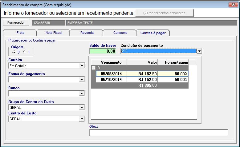 4.5. Aba de contas à pagar: 4.5.1. Definir o contas à pagar do recebimento de compras sem Requisição; 4.5.2. Deve-se primeiro informar a data de emissão na aba de nota fiscal e atualizar; 4.5.3.