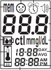 Tela de Exibição do Medidor GlucoSure Autocode Cara Alarme feliz/triste Memória Beeper Queda de sangue Bateria Temperatura Área de exibição principal Unidade Média do dia Tira-teste Hora MEMÓRIA: