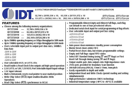 5 LSB 425 mw @ 250 MSPS FIFO (long buffer) IDT72T20128 524,288 x