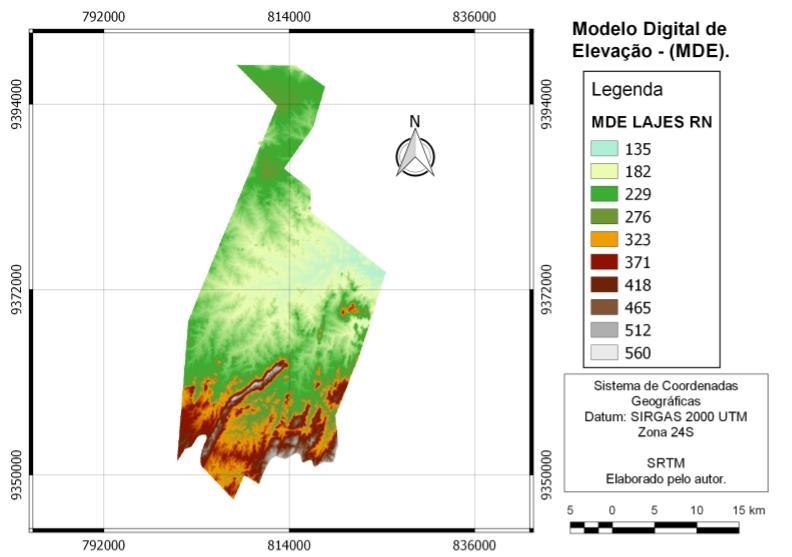 Figura 6 - Modelo Digital de Elevação MDE, do município de Lajes/RN. 2D e 3D.