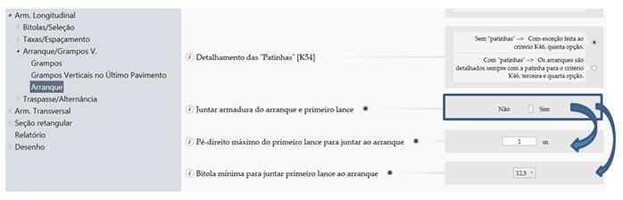 Altere o critério "Juntar armadura do arranque e primeiro lance" para "Sim". Dois critérios adicionais controlam o modo como a junção será feita. 8.2.