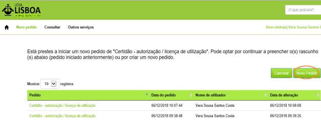 pretende iniciar um novo pedido, deve clicar no Novo Pedido, e escolher o formulário pretendido.