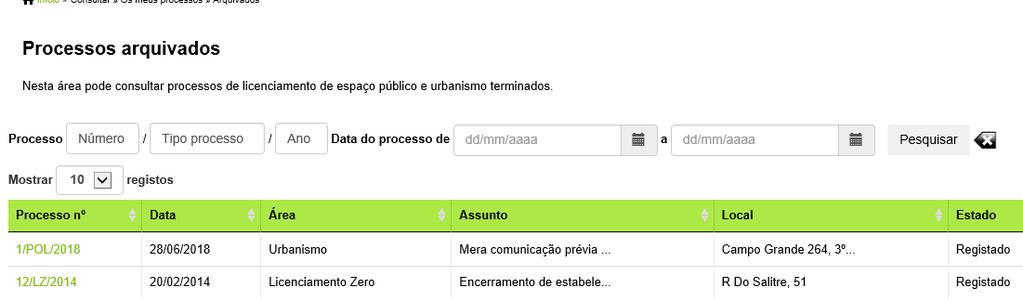 Arquivados: Área de pesquisa Para consultar esses processos basta clicar no Link