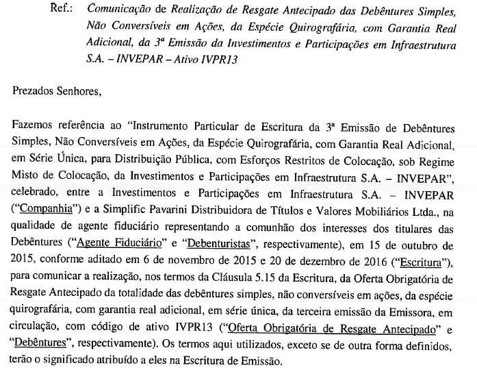 Avisos aos Debenturistas OFERTA OBRIGATÓRIA DE RESGATE ANTECIPADO EM 23 DE DEZEMBRO DE 2016