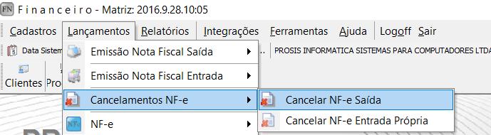 Cancelamento NF-e Saída ou Entrada O cancelamento da nota só pode ser feito até 24 horas após a emissão. Lançamento > Cancelamentos > Cancelamento NF-e.