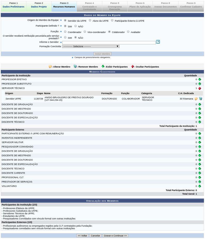 Na seção dos Membros Cadastrados, clique no ícone para exibir os participantes