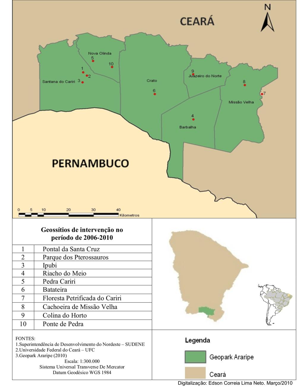 FIGURA 1. Mapa do Geopark Araripe incluindo municípios e geossítios. mais próximo do Museu de Paleontologia da Universidade Regional do Cariri, recentemente reformado e ampliado.