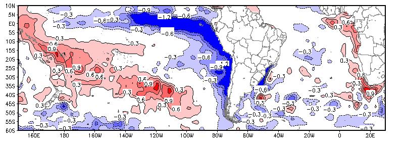 Figura 1.4. Anomalia de TSM em Agosto de 2007 Na Figura 2, é mostrado um gráfico de TSM nas regiões do Niño 3 e Niño 3.