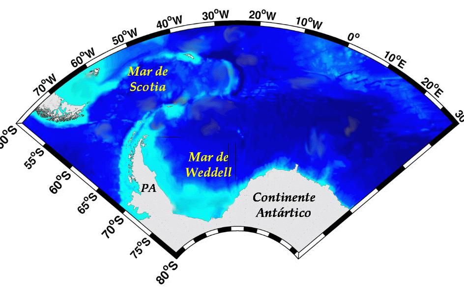Figura 2: Oceano Austral, evidenciando a porção oeste do Continente Antártico e o Mar de Weddell.
