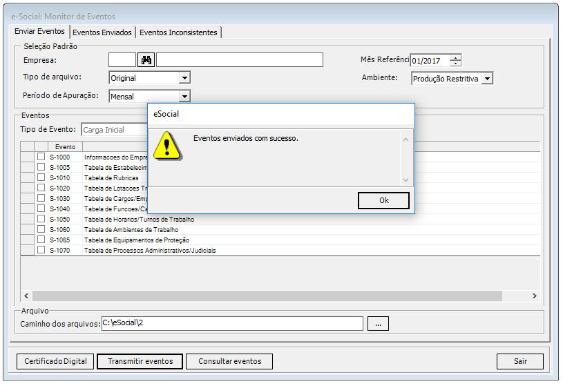 Mês referência: seleçã d mês de referência para cnsiderar a geraçã ds events. Tip de arquiv: seleçã d tip de arquiv que seja gerad. Ambiente: seleçã para tip de ambiente que deseja transmitir event.