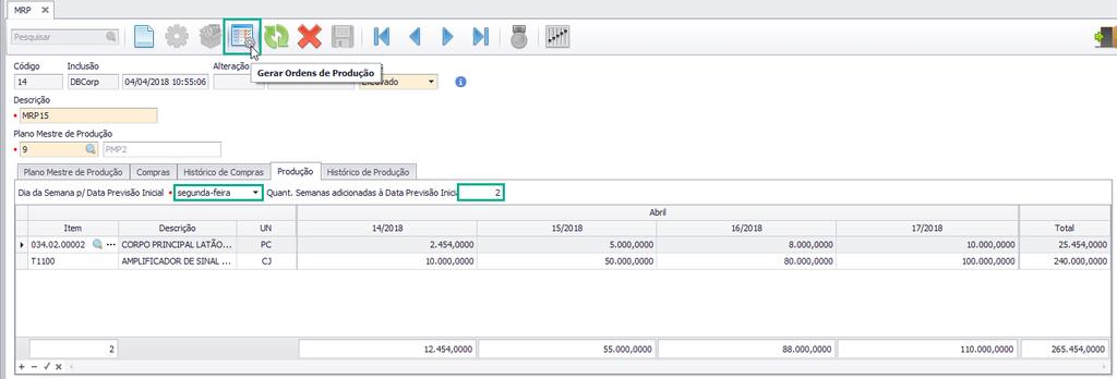 preenchimento obrigatório, mas permite que seja informada uma quantidade de semanas para serem adicionadas à data de Previsão Inicial na OP.