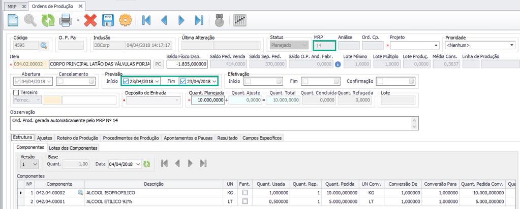 Após ter configurado o Dia da Semana p/ Data Previsão Inicial e a Quant. Semanas adicionadas à Data Previsão Inicial, clicar em Gerar Ordens de Produção.