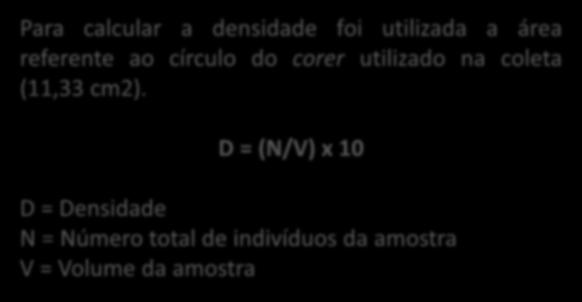 D = (N/V) x 10 Auxílio de um microscópio estereoscópico com aumento de 4x.