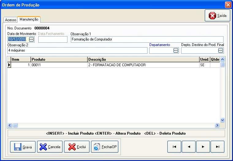 Menu Processos Transferência de Ordem de Produção