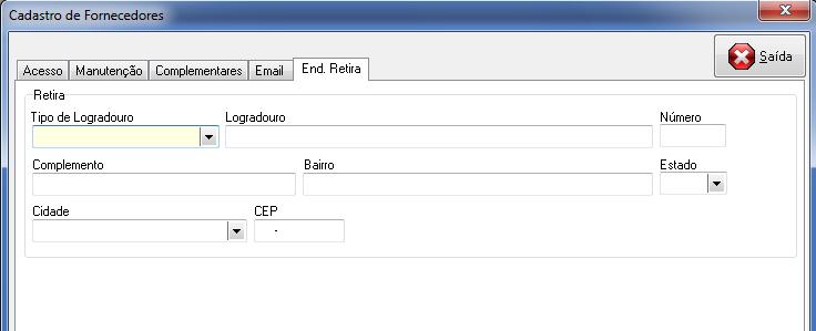 Aba Endereço de Retira Cadastro de Produtos Aba