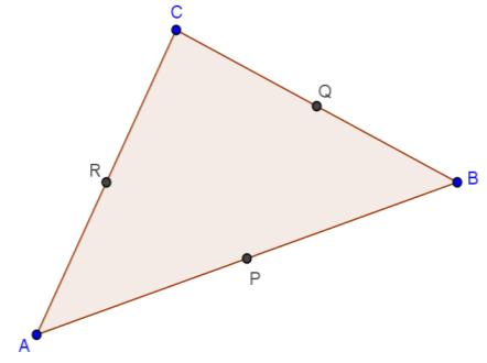 . Na figura do lado está representado um triângulo [ABC]. P, Q e R são os pontos médios dos lados a que pertencem. (0).. Diga, justificando, qual das igualdades seguintes é falsa.