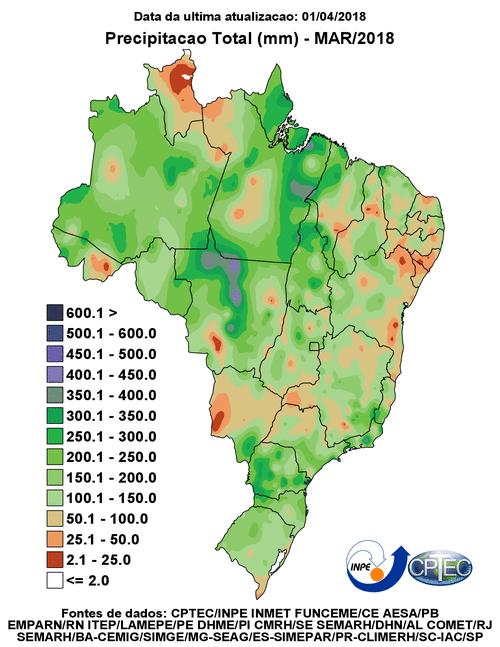 Figura 4 Distribuição de chuvas no Brasil em março de 2018. Fonte: CPTEC.