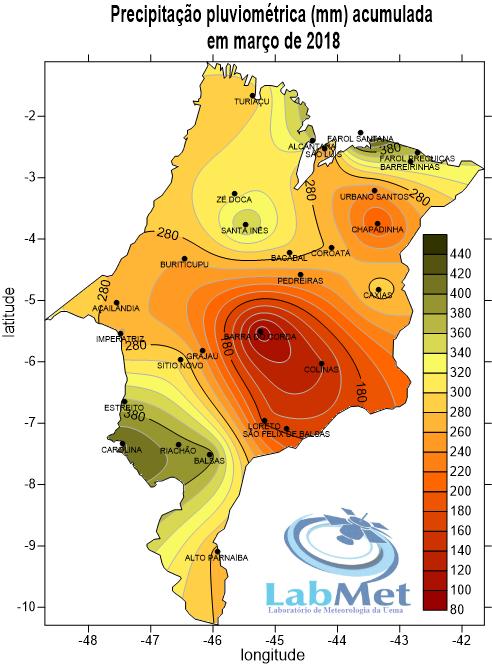 A distribuição da chuva em março de 2018 ficou ligeiramente diferente da climatologia para o mês, com máximos de chuva em torno de 440 mm.