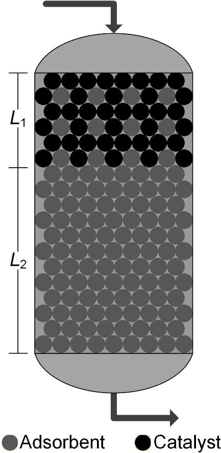 Simulated moving bed reactor: Dual-bed column Figure 7.1 Distribution of adsorbents and catalysts within the columns of the simulated moving bed reactor.