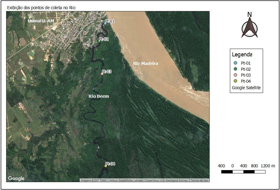 Figura 1: Localização dos pontos amostrados. Fonte: Autor do trabalho.. Tabela 1. Coordenadas dos pontos de coleta. Pontos P1 P2 P3 P4 Coordenadas Latitude: 7 31'8.36"S Longitude: 63 1'3.