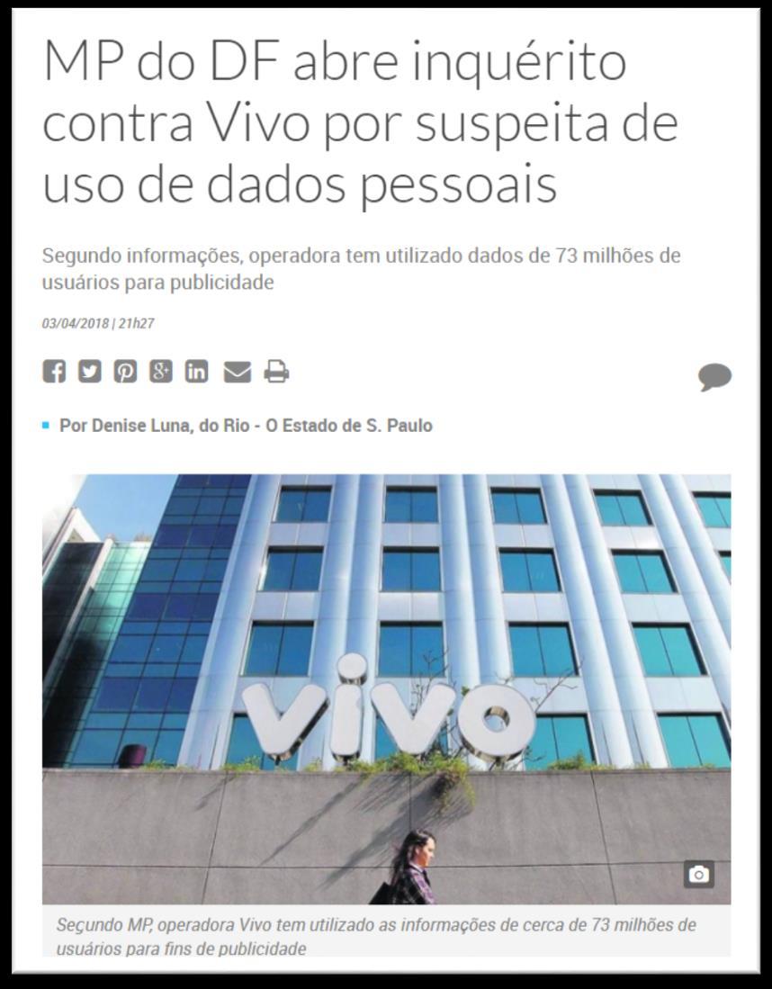 Caso Concreto: Vivo MPDFT instaurou inquérito civil contra a Vivo para apurar a ocorrência de tratamento ilegal de dados pessoais; Suspeita de utilização indevida de informações sobre clientes em