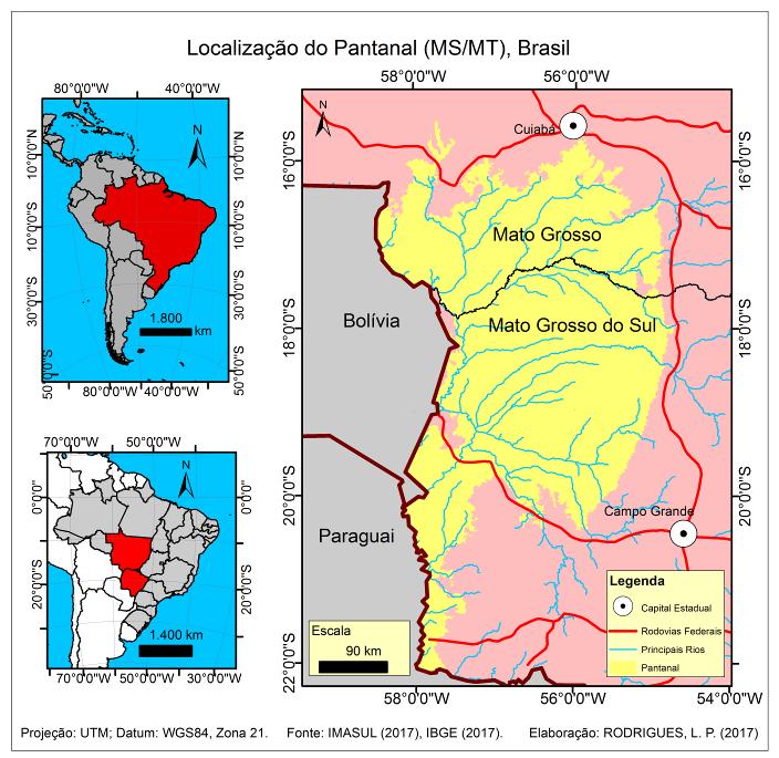 Figura 1 Localização do Pantanal (MS/MT), Brasil. Fonte: Elaborado pelas autoras, 2017.