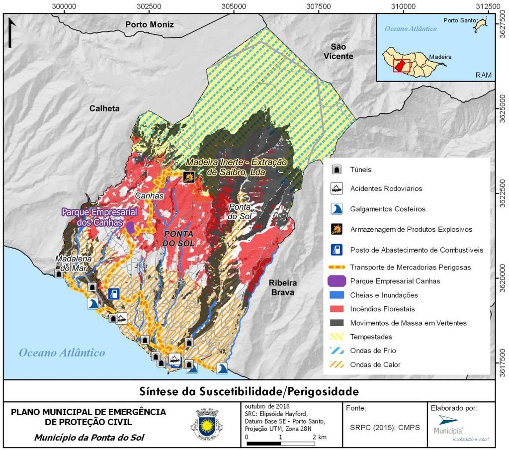 Mapa 2 Síntese da suscetibilidade/perigosidade do concelho da Ponta do Sol C. Nos pontos seguintes identificam-se as áreas ou locais de maior risco no concelho da Ponta do Sol: i.