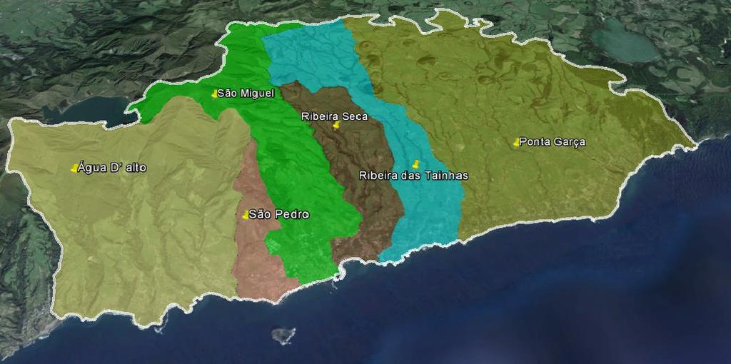 FONTE: Google Earth Figura 2 Distribuição das Freguesias do Município de Vila Franca do Campo Na Figura 3 é possível conhecer a distância média aproximada em quilómetros entre as Freguesias do
