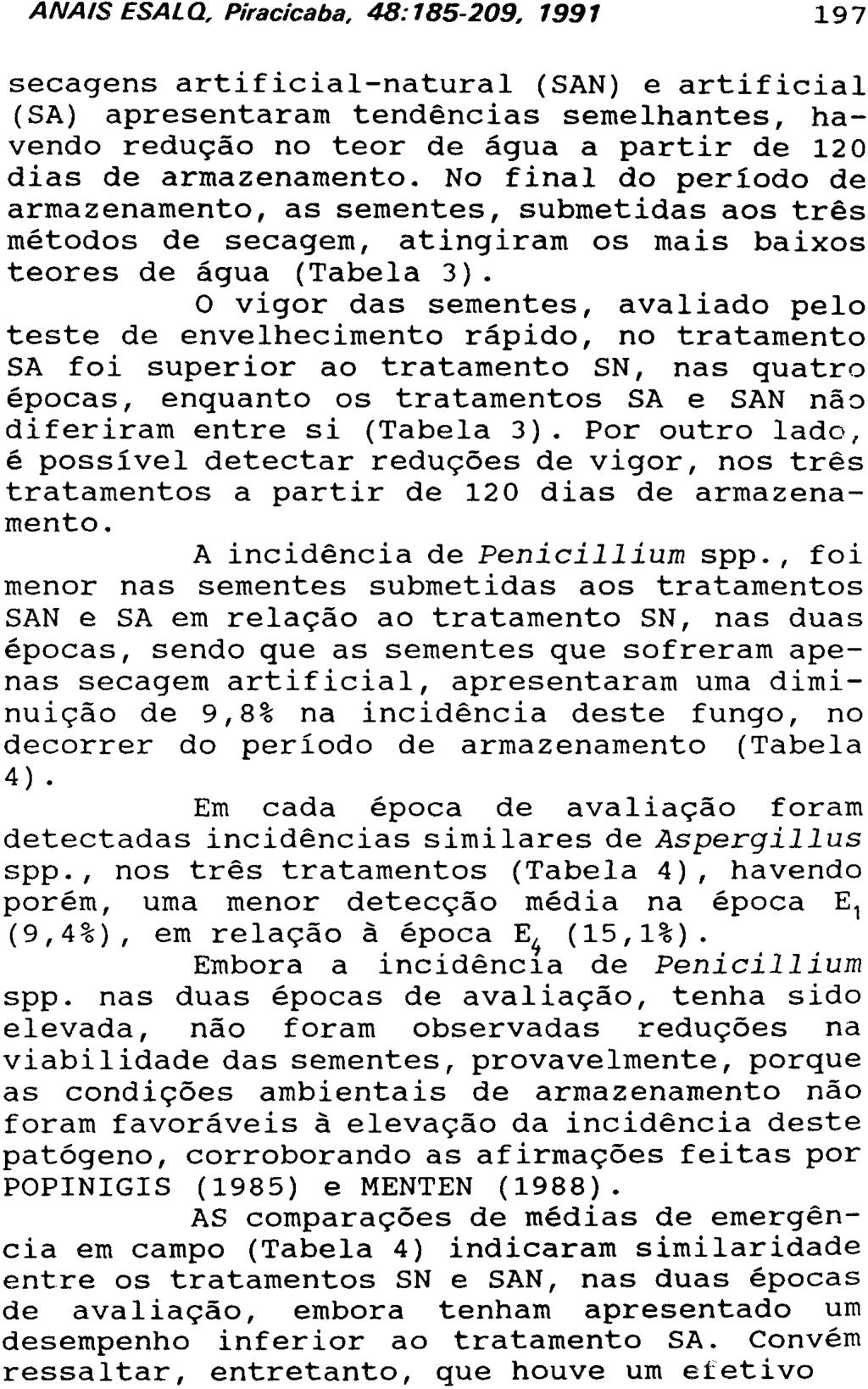 secagens artificial-natural (SAN) e artificial (SA) apresentaram tendências semelhantes, havendo redução no teor de água a partir de 12 0 dias de armazenamento.