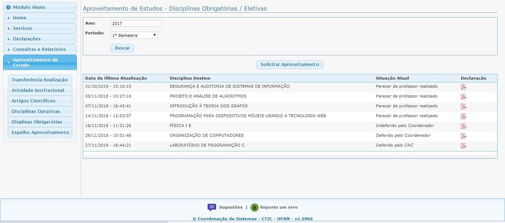 24 2º Verifique e altere o ano e semestre para 2019/1 1º Clique em Disciplina Obrigatória 3º Clique em solicitar aproveitamento 4º Clique na lupa para localizar a