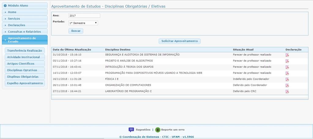 4- Disciplinas Obrigatórias: Função para solicitar o aproveitamento de disciplina cursada e aprovada em outra IES ou em outro curso para cumprir componente curricular obrigatório (DISCIPLINA