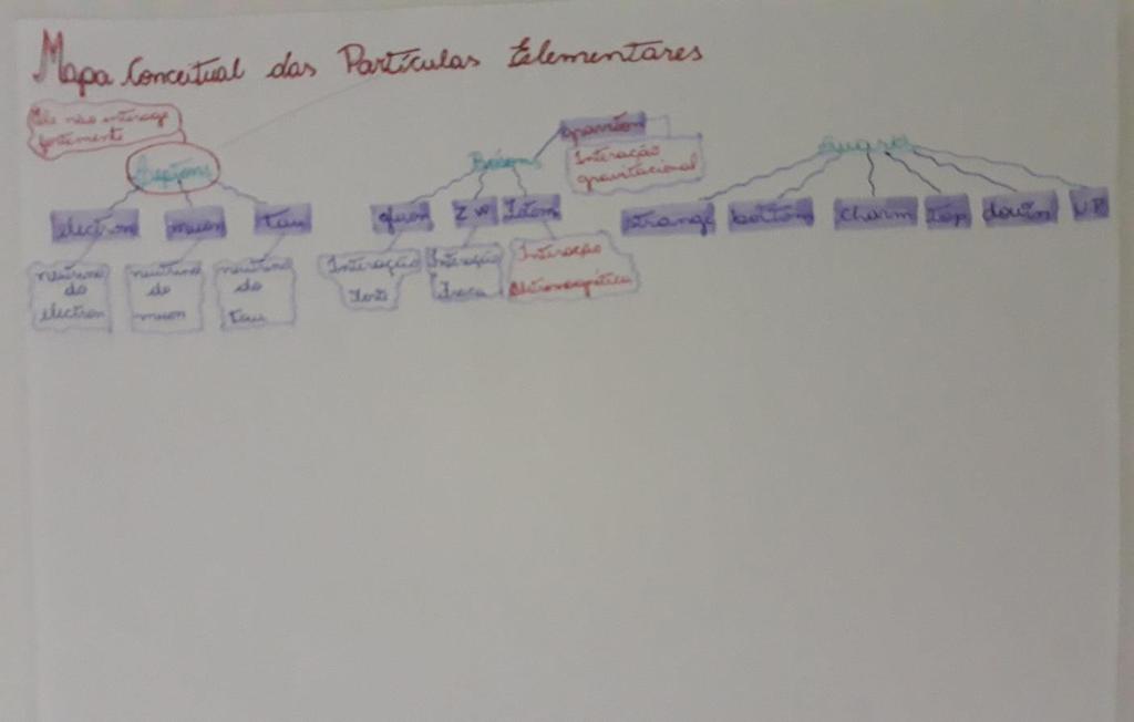 102 No mapa o aluno E2 apresenta a descrição de quatro grupos de partículas, porém há um problema em sua hierarquização, uma vez que Bósons, Férmions, Léptons e quarks estão ocupando o mesmo nível de