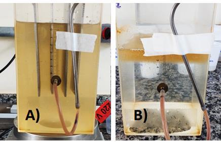 35 Figura 15 - Comparação entre aspecto da amostra bruta e ensaio 6, ambos da amostragem 1: A) Amostra bruta; B) Ensaio 6 aos 80 minutos do processo de eletrocoagulação. Fonte: Própria (2017).