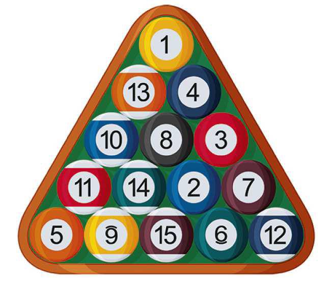 Na figra estão represetadas as 1 bolas de m bilhar, meradas de 1 a 1, dispostas em triâglo. As bolas foram distribídas ao acaso pelo triâglo. Determia a probabilidade de: 1.1. os úmeros das bolas os vértices do triâglo serem primos.