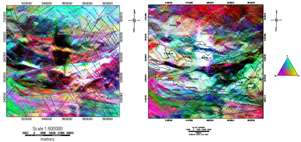 apresentando baixa concentração, porem algumas áreas ocorrem a presença de potássio e urânio. Figura 3: )magens ternárias RG com os lineamentos.