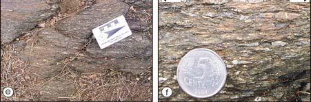 11 - Fotos de campo de alguns elementos da ZCPC: a) Aspecto geral da faixa milonítica relacionada à ZCPC (afloramento SB-79, 10 km a nordeste de Caioca); b, c) Detalhes da foliação milonítica nos