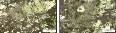 2 - Fotomicrografias dos biotita-hornblenda ortognaisses (a,b) e dos biotita ortognaisses (c, d): a) Plagioclásio (Pl) anédrico com inclusões de quartzo (Qz) e biotita (Bt).