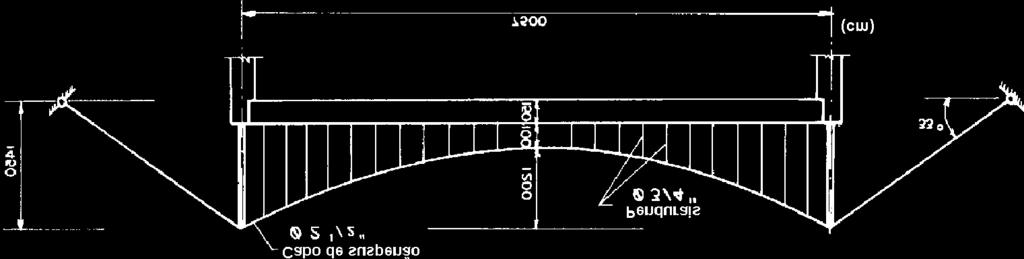geometria da passarela A passarela apresenta um comprimento total igual a 105 metros, sendo 75 metros em vão livre suspenso, e largura igual a 4 metros, estando os pendurais espaçados 3 metros.