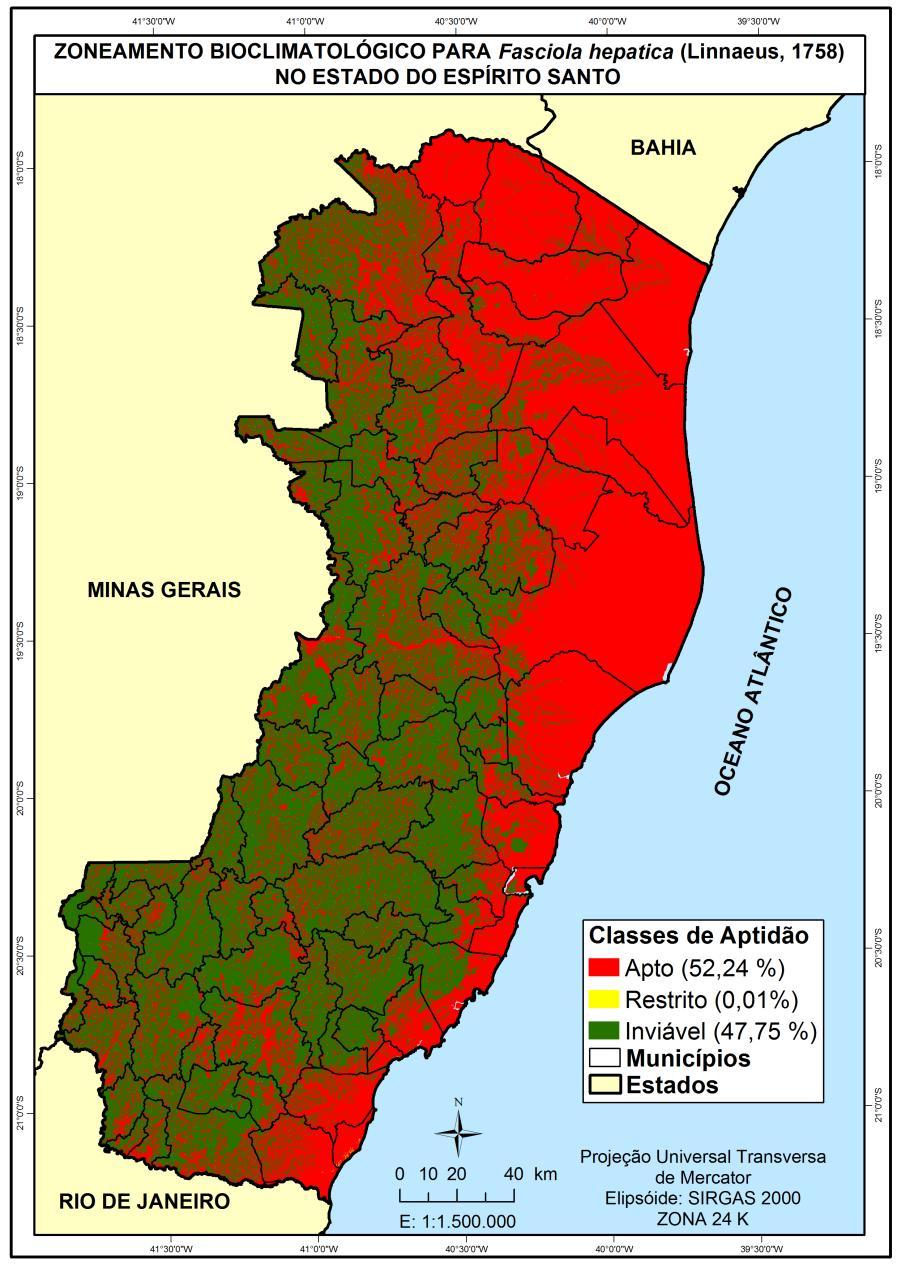 Resultados e Discussão Classes de aptidão e suas respectivas áreas e perímetro para a fasciolose bovina no estado do Espírito Santo.