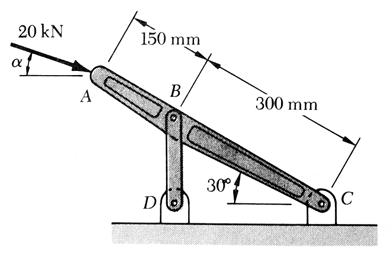 Determinar a intensidade P das forças aplicadas, de forma que a tensão normal em BE seja de + 90 MPa.