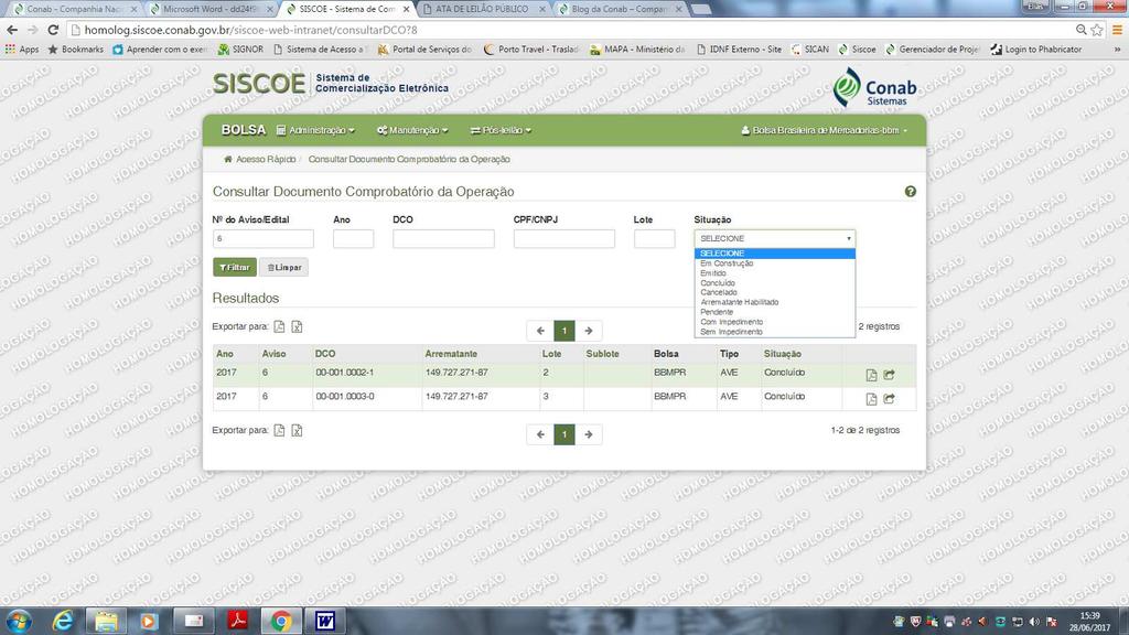 1.4 PÓS-LEILÃO Nessa opção, a Bolsa tem a opção de visualizar todos os Documentos Confirmatórios gerados pelos seus corretores, podendo filtrar por Número de Aviso/Edital, Ano, Pelo número do