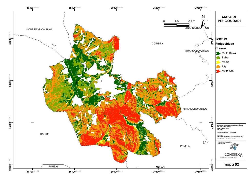 Foi produzida a cartografia de perigosidade após a retirada dos espaços urbanos presentes nos instrumentos de gestão territorial sendo a sua classificação posterior embora o mesmo seja considerado na