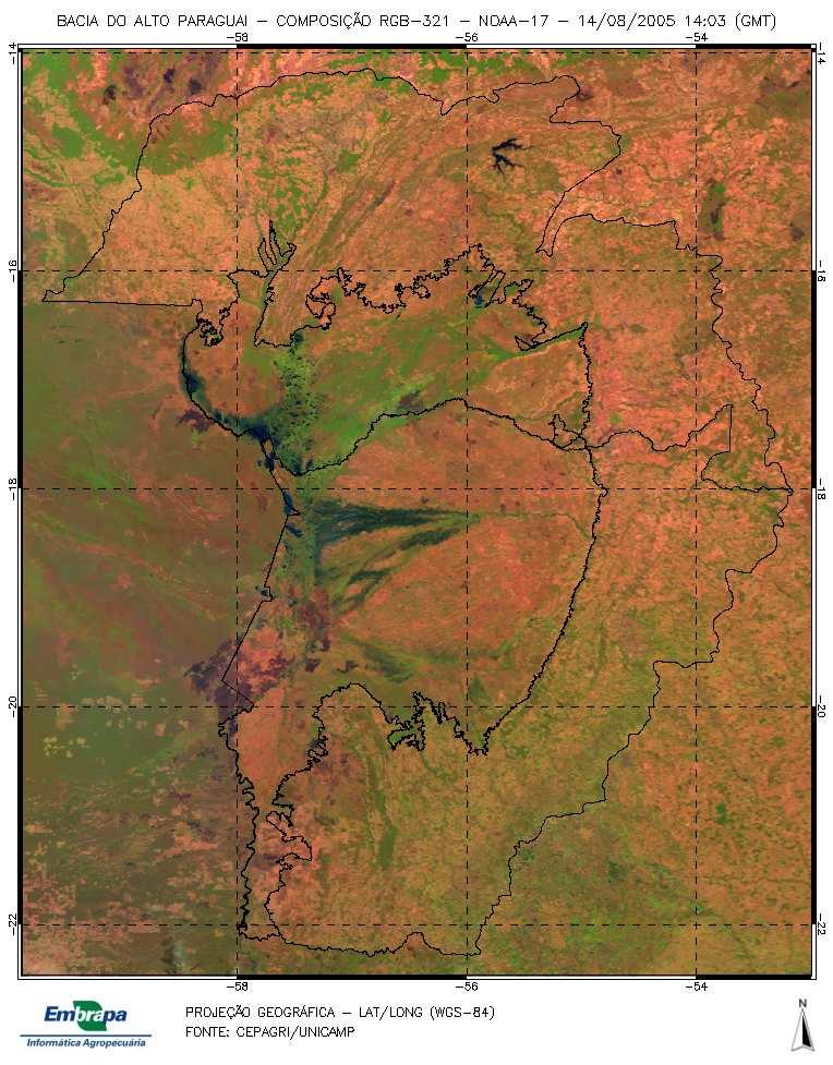 Composição RGB-321 Banda 1 - Vermelho NDVI Figura 2. Produtos da imagem de 14/08/2005 do NOAA-17 da Bacia do Alto Paraguai.