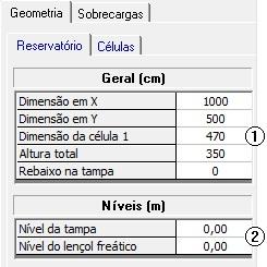 Dimensão em Y: <500>; - Dimensão da célula 1: <470>; - Altura total: <350>; - Rebaixo da tampa: <0>; (2) Digite os valores dos níveis: - Nível da tampa: <0,00>; - Nível