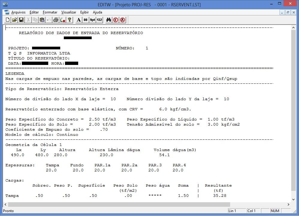 gerais do reservatório e que foram considerados na definição do modelo de análise estrutural e no dimensionamento/detalhamento dos elementos estruturais (paredes e lajes).