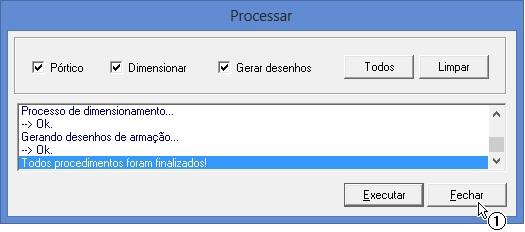 O processamento finalizará quando a seguinte mensagem aparecer "Todos os procedimentos foram finalizados!". (1) Clique em "Fechar".